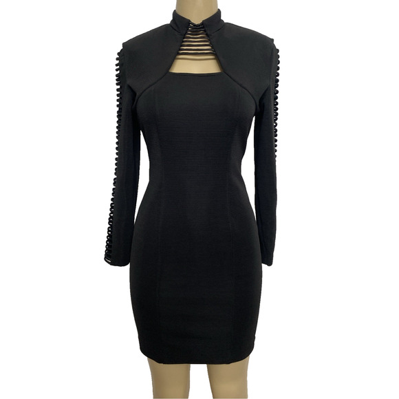 Cache Dress Sheath Textured Black Mini Cut Out Long Sleeve 8 S Vintage - Picture 1 of 9